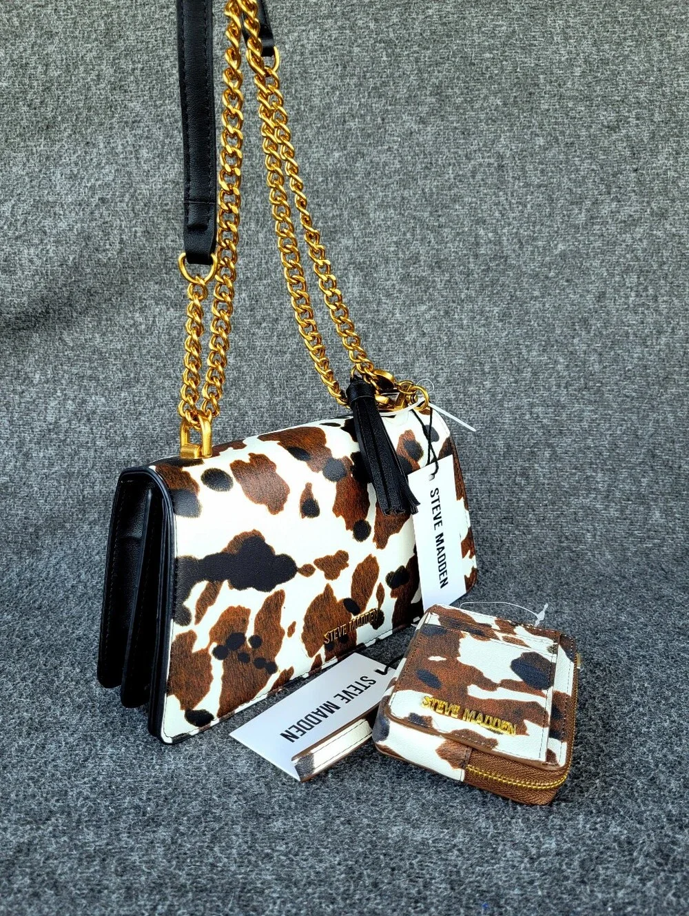 Steve Madden Cow Print Matching Shoulder Crossbody Handbag and Card Wallet Set